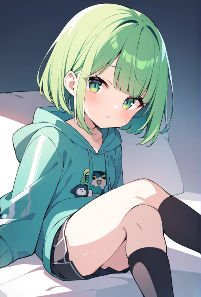 1 girl, cute, young, green hair, bob haircut, green eyes, hoodie, thigh high,