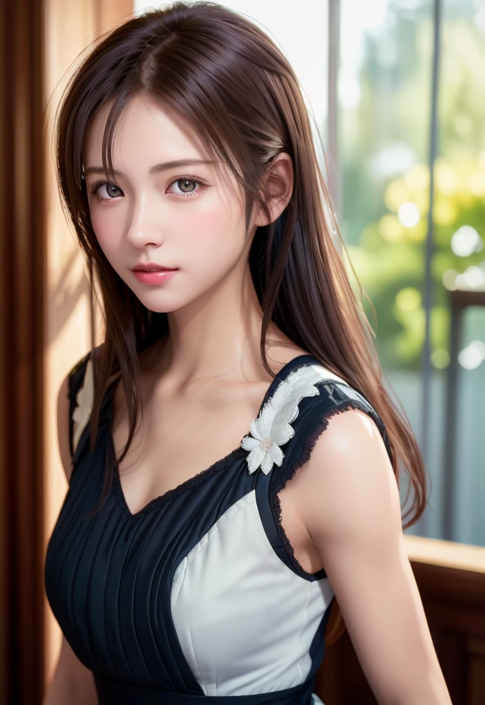 8K, of the highest quality, masutepiece:1.2), (Realistic, Photorealsitic:1.37), of the highest quality, masutepiece, Beautiful young woman, Pensive expression,、A charming、and an inviting look, Cute Maid Clothes, Hair tied back, Cinematic background, Light skin tone