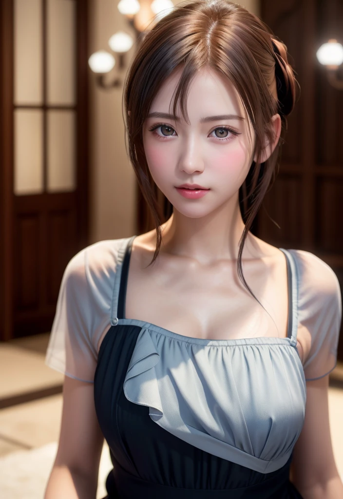 8K, of the highest quality, masutepiece:1.2), (Realistic, Photorealsitic:1.37), of the highest quality, masutepiece, Beautiful young woman, Pensive expression,、A charming、and an inviting look, Cute Maid Clothes, Hair tied back, Cinematic background, Light skin tone