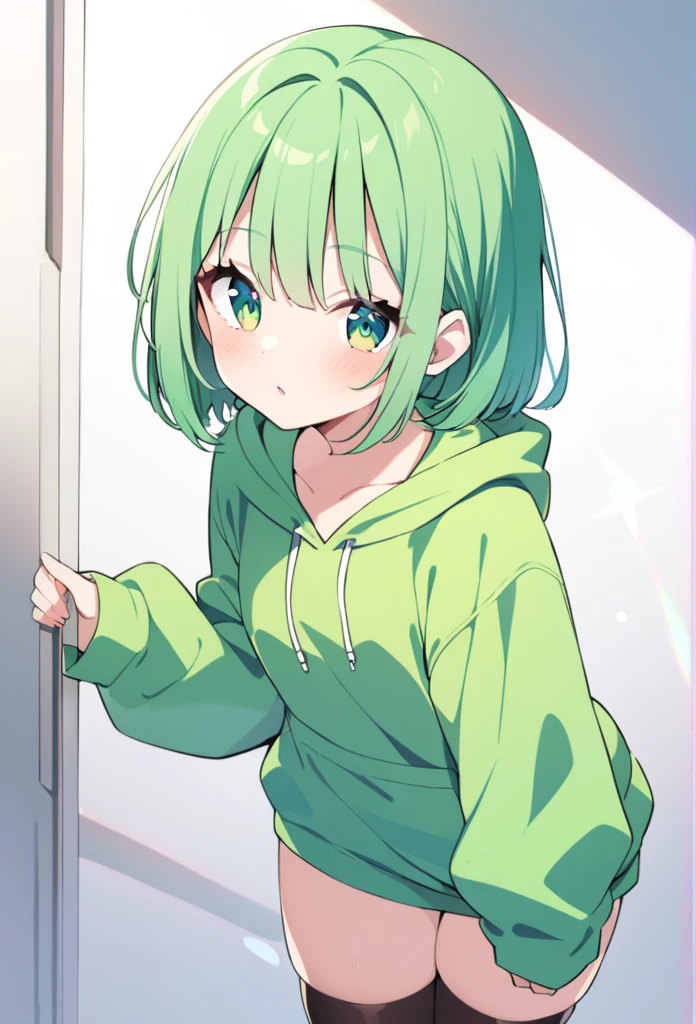 1 girl, cute, young, green hair, bob haircut, green eyes, hoodie, thigh high,