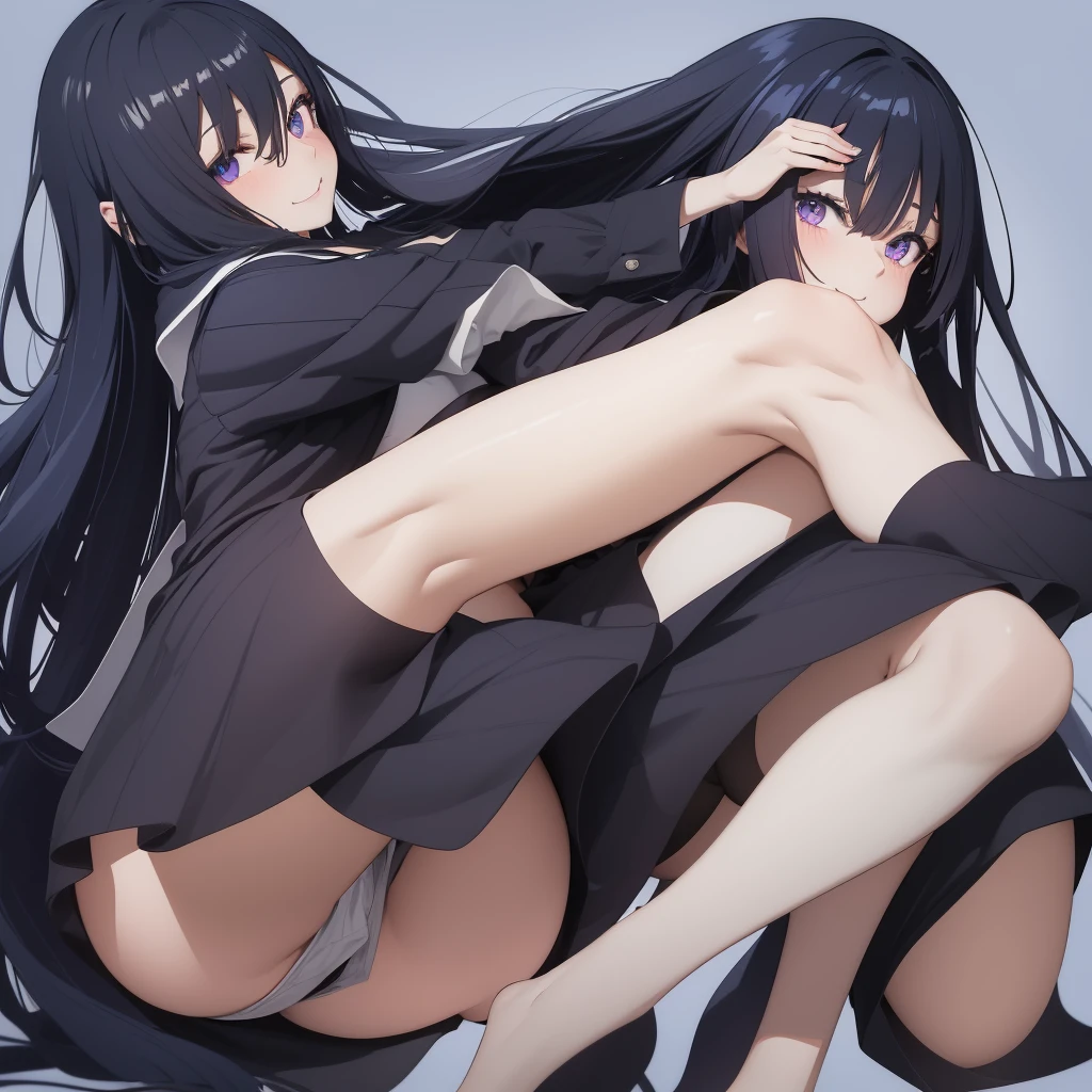 Anime girl with very long dark blue hair with straight bangs with some strands of hair next to her cheeks, slanted fuchsia eyes with a smile on her face mature body a mole under each eye with a gray skirt with long stockings up to her legs and a white shirt with blue lines 