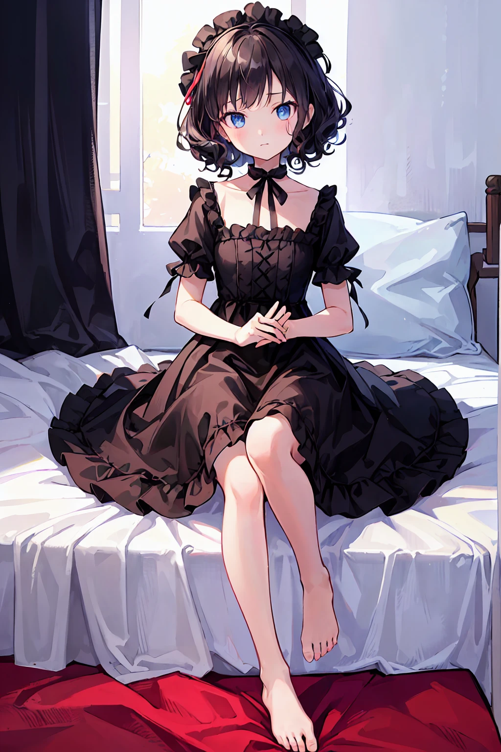 (masterpiece), (Highest quality), (Very detailed)，Inabate，Black Hair，Curly Hair，Bobcut，Short-sleeved dress with red stitching at the hem，barefoot，ta，T々Kid，Clothes are white