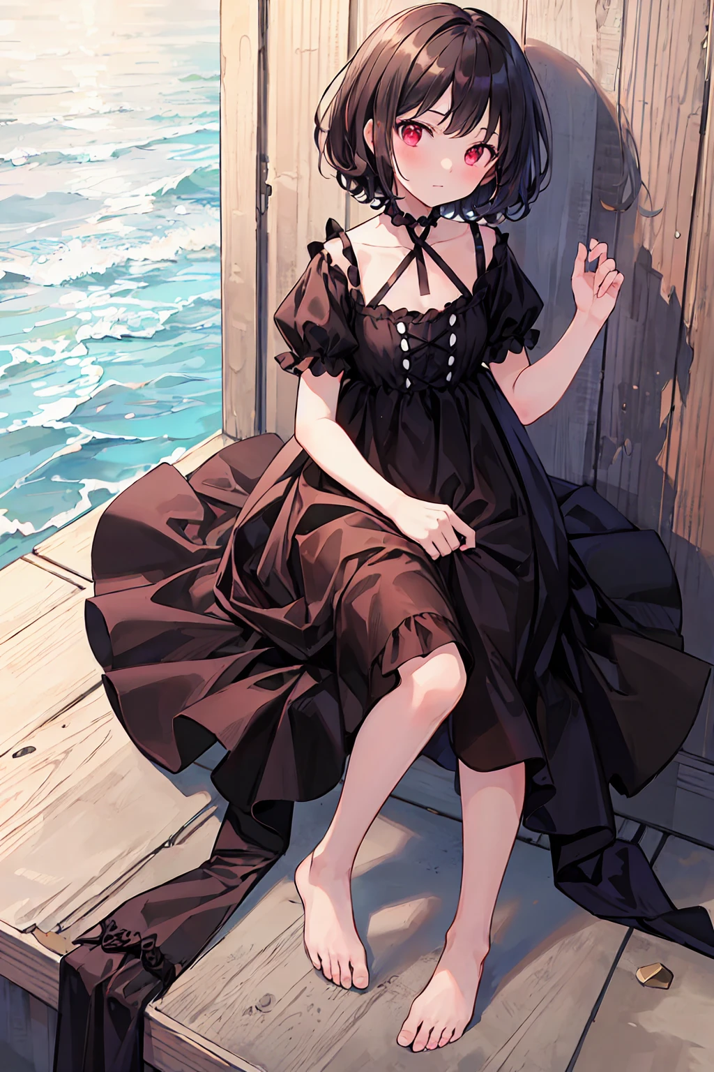 (masterpiece), (Highest quality), (Very detailed),Inabate,Black Hair,Curly Hair,Bobcut,Short-sleeved dress with red stitching at the hem,barefoot,Lolita,T々???,Clothes are white
