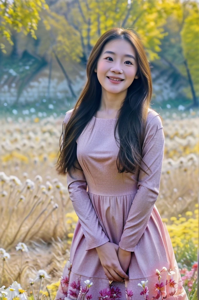 long shoot, Top quality, masterpiece, very high resolution, photorealistic, raw photo, 25 year old beautiful thai woman with relaxed fishtail long hair, round face and diamond chin, red long sleeves dress, standing in a field of blooming flowers, rugged mountains, glowing skin, laughed broadly