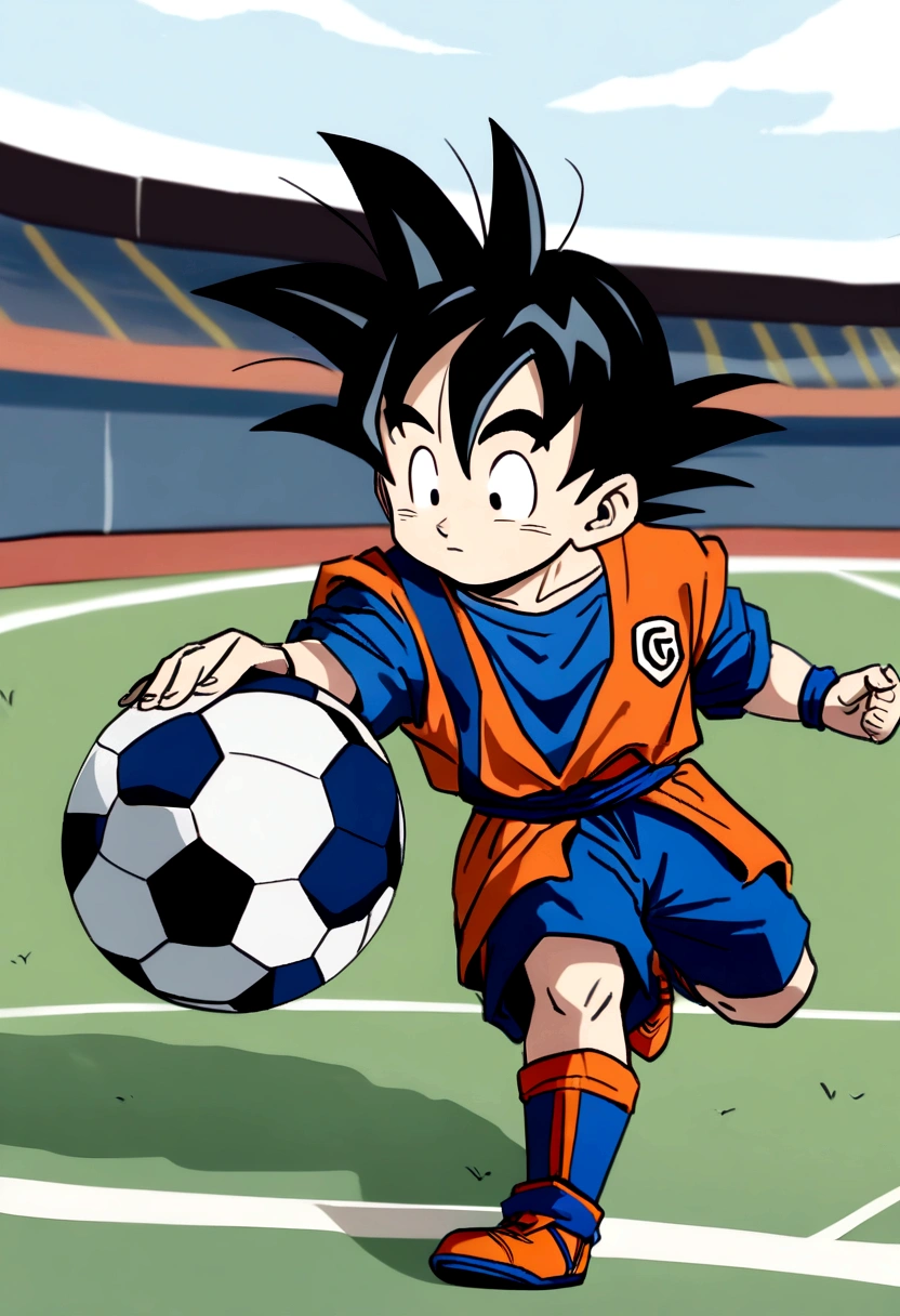 mini Goku como Super Sayajin , goku blue outfit , anime styling , Football scenario , (( image without deformities)) , best resolution , best qualityer , steady look , masterpiece, holding a soccer ball in his hand.