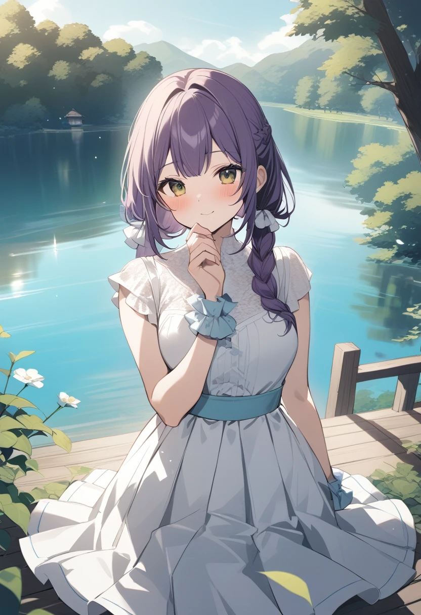 One girl,Nozomi、Gentle expression、Welcome、The whole body is shown、noon、lake、I&#39;m on the pier、uniform、skirt、panty shot,Cute Panties、,from below,looking viewer,A complete depiction of the human body、masterpiece, Highest quality, Game CG,