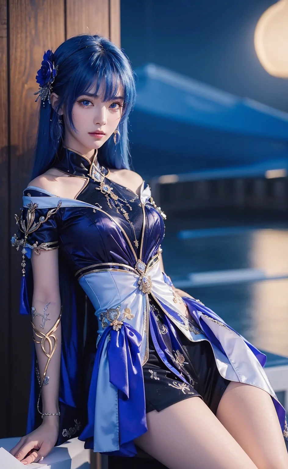 (Best quality, 8k, Masterpiece :1.3), upper bod y, Sharp focus :1.2, Beautiful woman with perfe ct figure, Highly detailed facial and skin textur e, Detailed eyes, Double eyelids, Interior view, :
erpect lighting, Glowing skin,blue hair