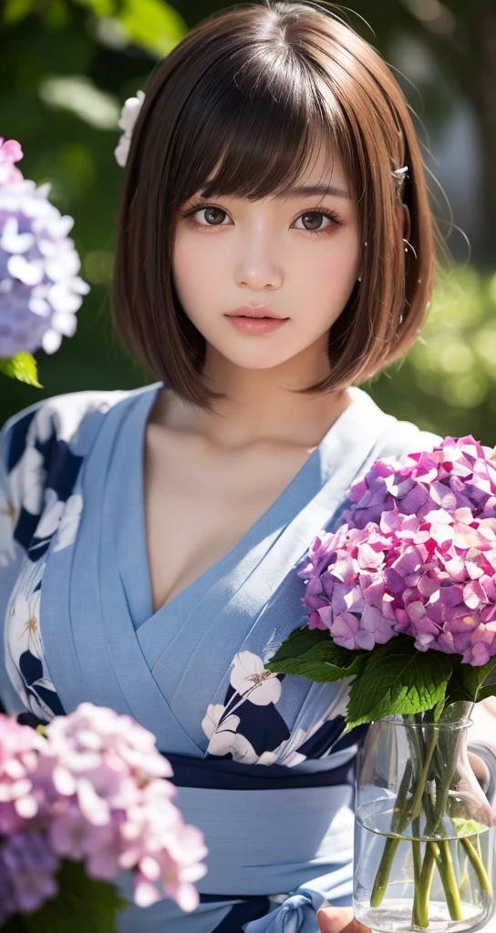 one girl, (a beauty girl, delicate girl:1.3), (16 years old:1.3),
break, (yukata, Japanese folk costume:1.2),
break, (glass vase, hydrangeas:1.2),
break, very fine eyes, (symmetrical eyes:1.3),
break, (big breasts:1.1), brown eyes, parted bangs, brown bobcut hair, round face, kawaii,
break, (eyes and faces with detailed:1.0),
break, (masterpiece, best quality, ultra detailed, detailed face, 8k)