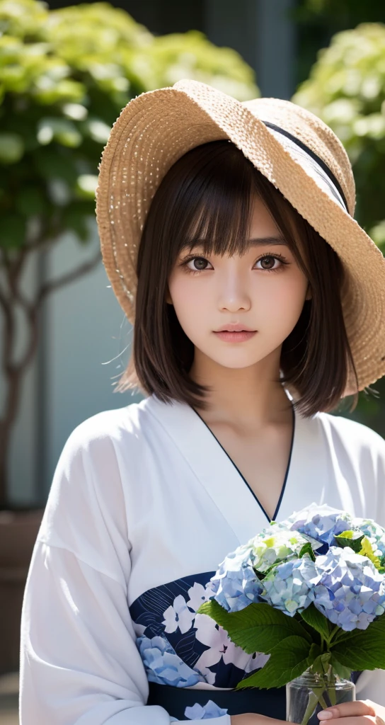 one girl, (a beauty girl, delicate girl:1.3), (16 years old:1.3),
break, (yukata, Japanese folk costume:1.2),
break, (glass vase, hydrangeas:1.2),
break, very fine eyes, (symmetrical eyes:1.3),
break, (big breasts:1.1), brown eyes, parted bangs, brown bobcut hair, round face, kawaii,
break, (eyes and faces with detailed:1.0),
break, (masterpiece, best quality, ultra detailed, detailed face, 8k)