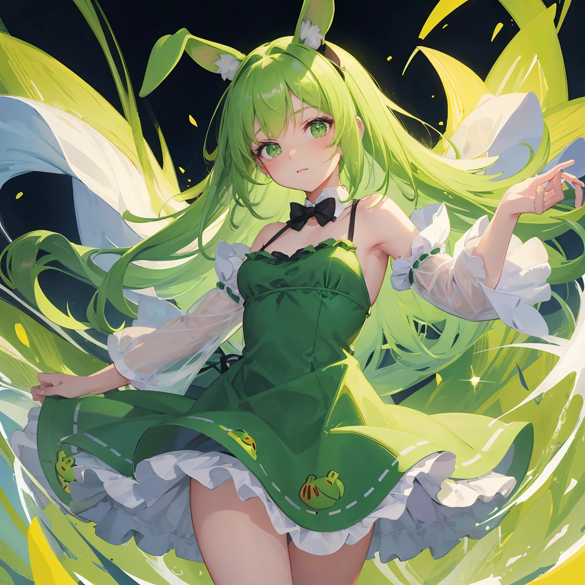 pretty young girl, have rabbit ears on her head, medium hair, green eyes, wear a lime color frog dress, 16k quality, no override, no glitches on image, best quality, have deep shadows, >, colorful background, super detail, advanced detail quality for background and deep shadows, have cute face, all body, >, masterpiece, colorful art.