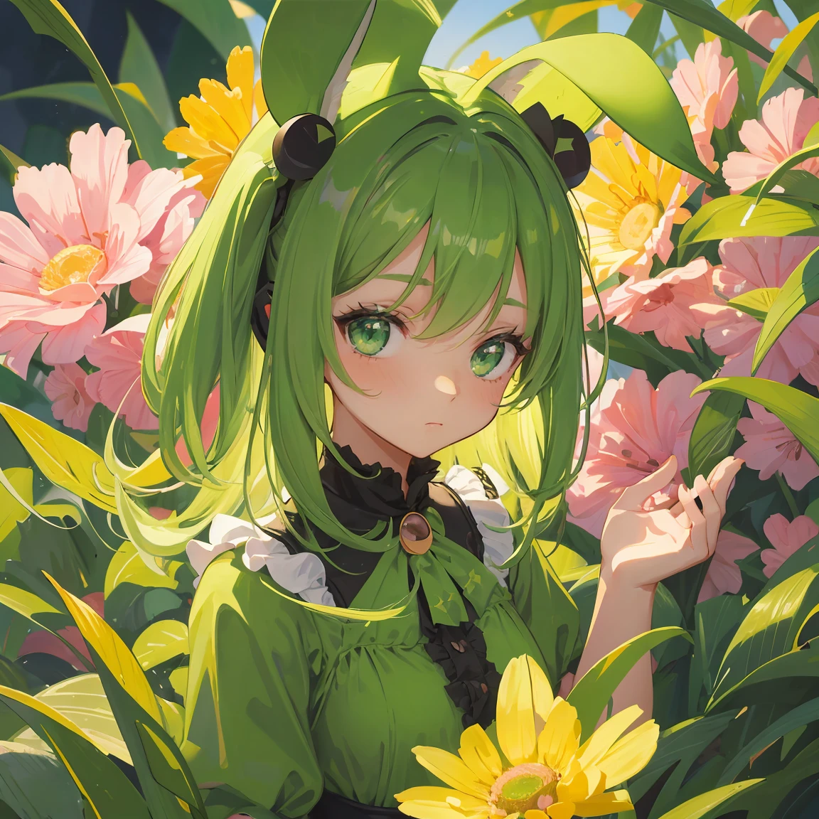 pretty young girl, have rabbit ears on her head, medium hair, green eyes, wear a lime color frog dress, 16k quality, no override, no glitches on image, best quality, have deep shadows, >, colorful background, super detail, advanced detail quality for background and deep shadows, have cute face, all body, >, masterpiece, colorful art.
