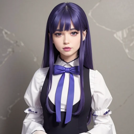{{full body}},a beautiful girl with purple hair, wearing a dress with a bowtie and mary janes, purple eyes,licking her lips with a neutral expression, realistic, photo-realistic, extremely detailed 8K wallpaper, best quality, masterpiece, 1 girl, beautiful detailed eyes, beautiful detailed lips, extremely detailed eyes and face, long eyelashes