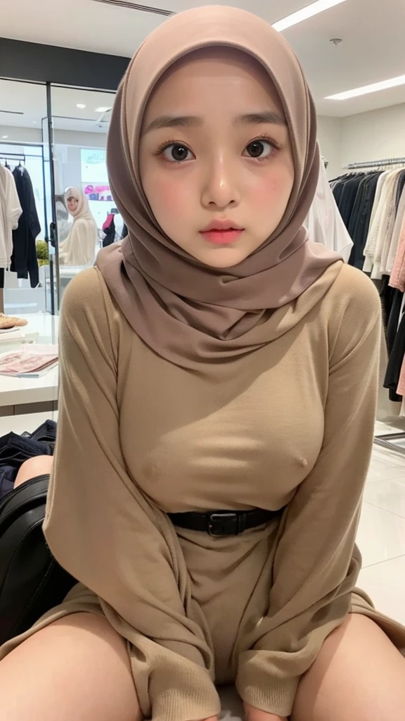 1girl, girl wearing hijab, young girl, 12 years young, Indonesian girl, big eyes, curly eyelashes, flat nose, rosy cheeks, thick lips, big breasts, seductive, shy, girl with a nervous expression, shy girl, naked, showing vagina, open legs, sitting in the middle of a clothing store full of glass