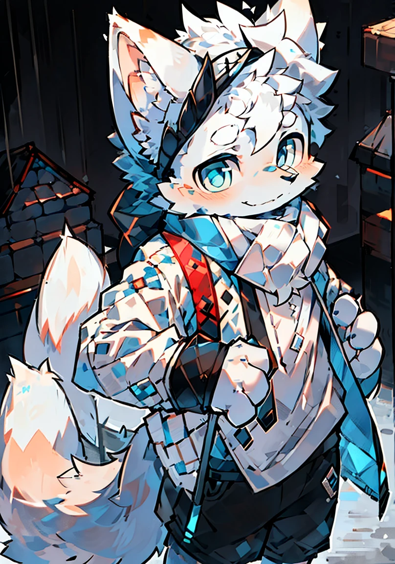 Hairy boy,White Wolf,White coat color,White hair,blue eyes,Alone ,cute,Grey jacket,Black shorts,A flowing gray scarf,White hood,Round sapphire,Wolf ears,Wolf Tail,Pink meat pads,stand up,Smile,roof,rain,During the day