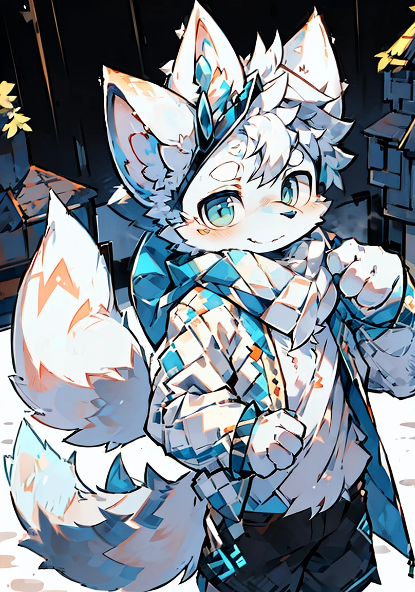 Hairy boy,White Wolf,White coat color,White hair,blue eyes,Alone ,cute,Grey jacket,Black shorts,A flowing gray scarf,White hood,Round sapphire,Wolf ears,Wolf Tail,Pink meat pads,stand up,Smile,roof,rain,During the day