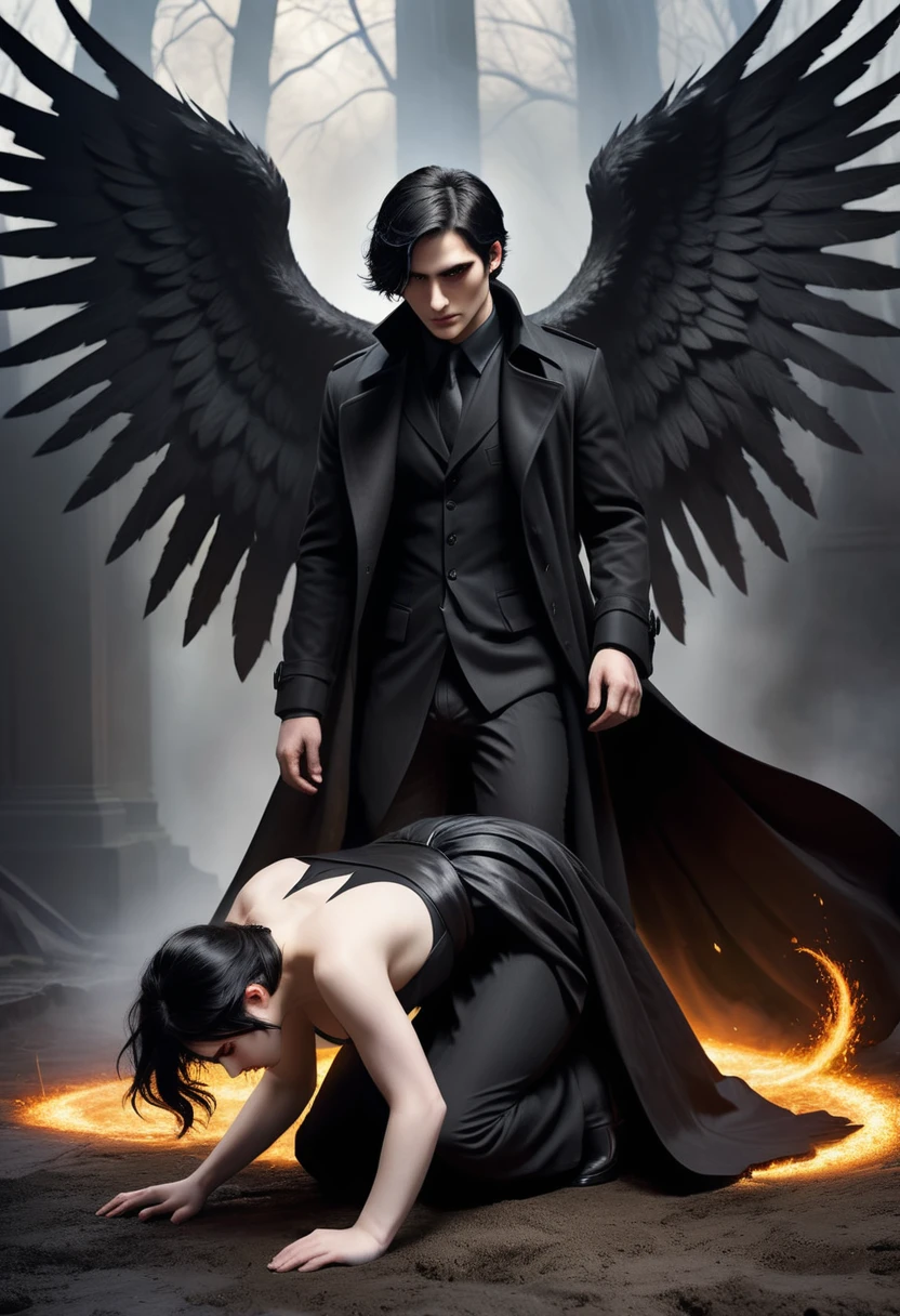 Dark Book Cover:
A fallen male angel dominates the scene, its immense black wings contrasting with its pale skin. Her short black hair falls wildly over her face., partially hiding your dark eyes. He is kneeling, with one knee touching the rough ground, wrapped in a long black overcoat that flaps in the wind. Behind him, a flaming portal to hell emerges, radiating a sinister and threatening light, projecting shadows that seem to move with a life of their own. The atmosphere is filled with despair and mystery, capturing the essence of a world lost between redemption and damnation.