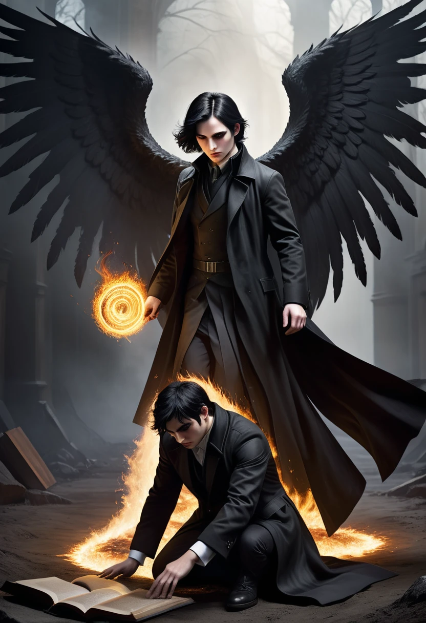 Dark Book Cover:

A fallen male angel dominates the scene, its immense black wings contrasting with its pale skin. Her short black hair falls wildly over her face., partially hiding your dark eyes. He is kneeling, with one knee touching the rough ground, wrapped in a long black overcoat that flaps in the wind. Behind him, a flaming portal to hell emerges, radiating a sinister and threatening light, projecting shadows that seem to move with a life of their own. The atmosphere is filled with despair and mystery, capturing the essence of a world lost between redemption and damnation.