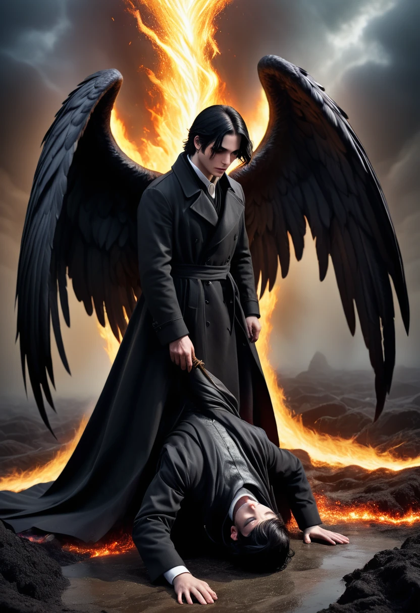Dark Book Cover:

A fallen male angel dominates the scene, its immense black wings contrasting with its pale skin. Her short black hair falls wildly over her face., partially hiding your dark eyes. He is kneeling, with one knee touching the rough ground, wrapped in a long black overcoat that flaps in the wind. Behind him, a flaming portal to hell emerges, radiating a sinister and threatening light, projecting shadows that seem to move with a life of their own. The atmosphere is filled with despair and mystery, capturing the essence of a world lost between redemption and damnation.