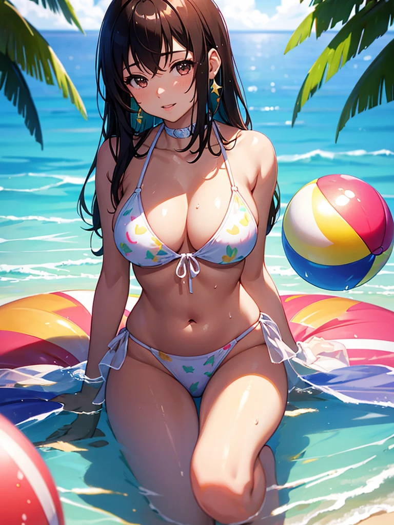 master piece, extremely detailed, high resolution, Makoto Shinkai style, fullbody, Bikini Swimwear、Lustrous pink lips, Tan Skin, Tropical island background, Beach Background, very cute, Long Straight Hair, Transparent beach ball with cherry pattern, Having fun with a beach ball, Shining Sweat, Brown Hair, Mid-chest, Narrow waist, fullbody, Glossy, plump lips, Shiny Hair, The water splashes shine and emit seven colors of light., A very cheerful and fun look, swimsuit