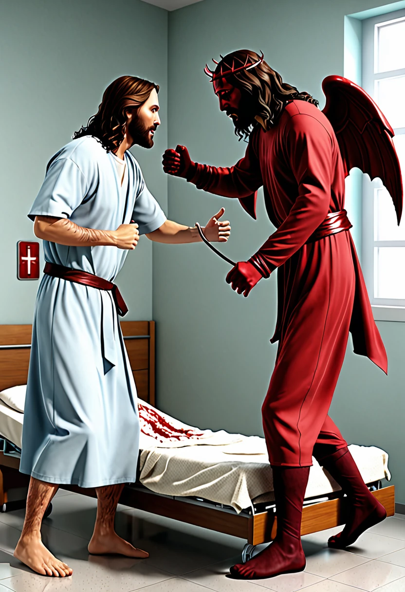 Jesus vs devil fight for a man in hospital realistic 3d 