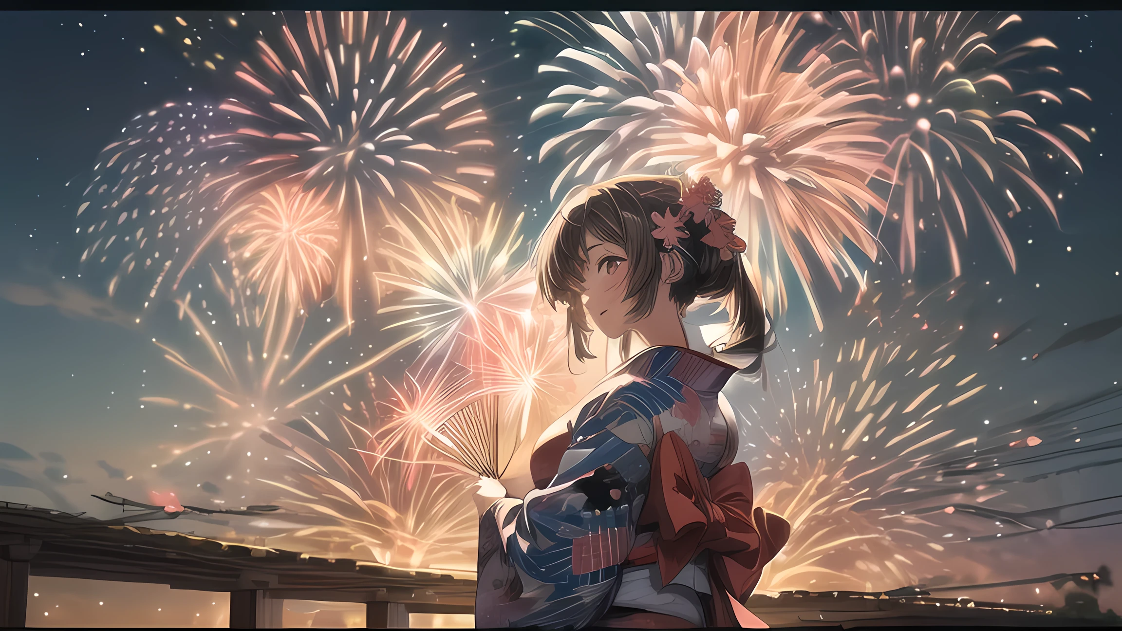 anime girl in kimono outfit holding a fan and fireworks, firework, [ fireworks in the sky ]!!, fireworks in the background, anime art wallpaper 4k, anime art wallpaper 4k, Anime Art Wallpapers 8K, fireworks, Anime Style 4k, fireworks in background, Beautiful anime art, anime wallpaper 4k, anime wallpaper 4k, 4k anime wallpaper