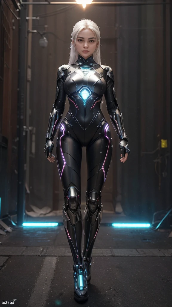 1girl, ultra realistic, ultra crisp, NVIDIA RTX, unreal engine, perfect slim body, realistic face, perfect face, realistic body, epic skin details, white hair, hair blown with strong winds, hyper rendering, ultra details, glowing eyes, purple eyes, blush, parted lips, cybernetic ear, cybernetic metalic hands, cybernetic metalic legs, luminous cybernetic futuristic metalic mechanical body, ultra realistic lights reflection details, ((full body shown)), from below, posing in the middle.
