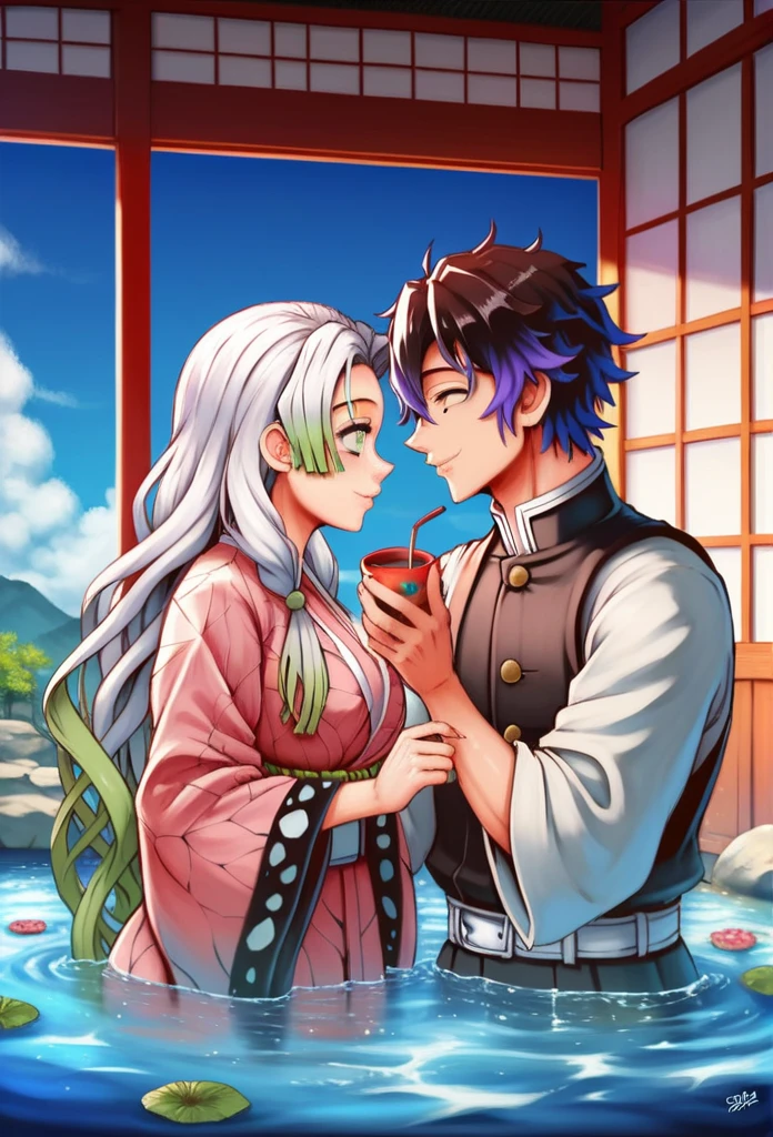 Ultra detailed, high resolution, absurd, HDR, masterpiece, anime girl and boy, beautiful woman with long white hair with deep red streaks, girl with yellow eyes, the girl is wearing a red haori, black demon slayer uniform, Kimetsu No Yaiba, fantasy, beautiful, Tomioka Giyu, Water Hashira, Tomioka holding a yunomi with tea, couple, romantic, inside a Japanese house, best quality, extremely detailed face, love, romance, anime, they are really in love, they are having fun together, drinking tea, smiling and laughing