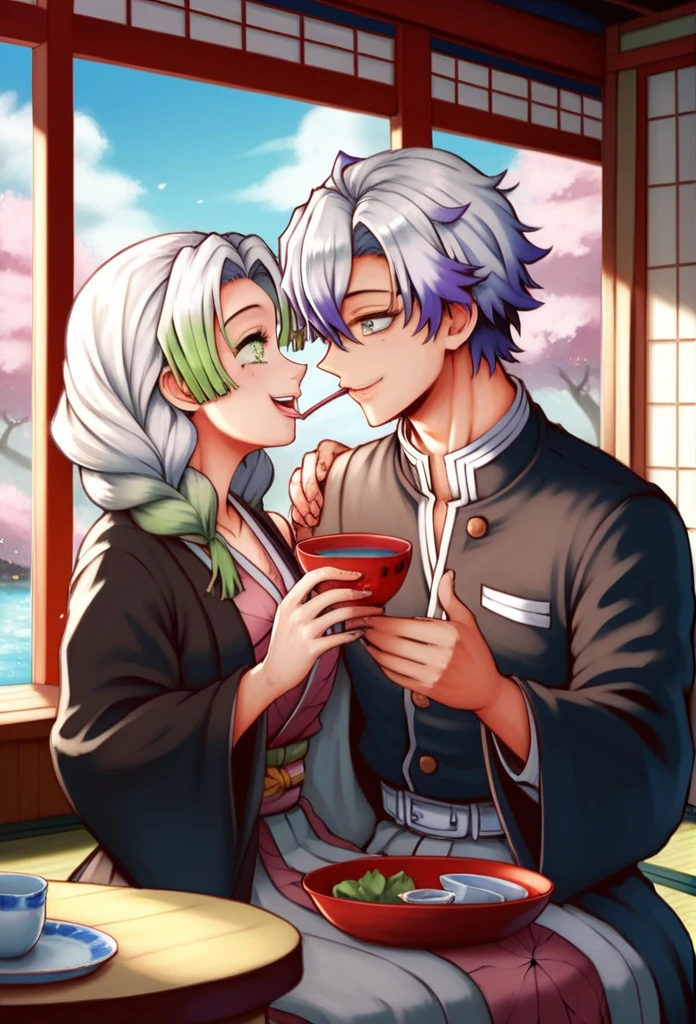 Ultra detailed, high resolution, absurd, HDR, masterpiece, anime girl and boy, beautiful woman with long white hair with deep red streaks, girl with yellow eyes, the girl is wearing a red haori, black demon slayer uniform, Kimetsu No Yaiba, fantasy, beautiful, Tomioka Giyu, Water Hashira, Tomioka holding a yunomi with tea, couple, romantic, inside a Japanese house, best quality, extremely detailed face, love, romance, anime, they are really in love, they are having fun together, drinking tea, smiling and laughing