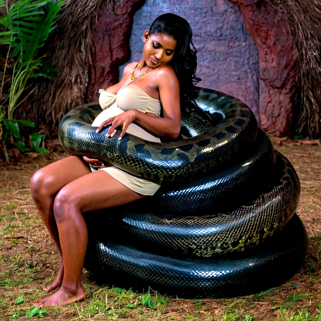 Pregnant Happy Horny, aroused 1girl), beautiful kneeling indian young girl with giant colossal black titanboa squeezing her hard, wrapped in thick spiraling coils, constricted, struggle, gasping for air, snake attack, snake peril, moonless night, dim light