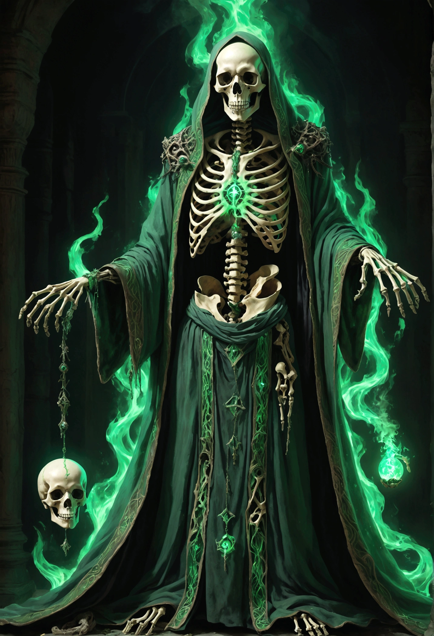 a skeletal figure with decaying bones, where flesh has peeled away, revealing the bones beneath with a sporadic greenish glow. Green flames flicker from empty eye sockets, reflecting infinite malice and hatred within. The figure is adorned in an ancient wizard robe, adorned with symbols corrupted by dark magic.
