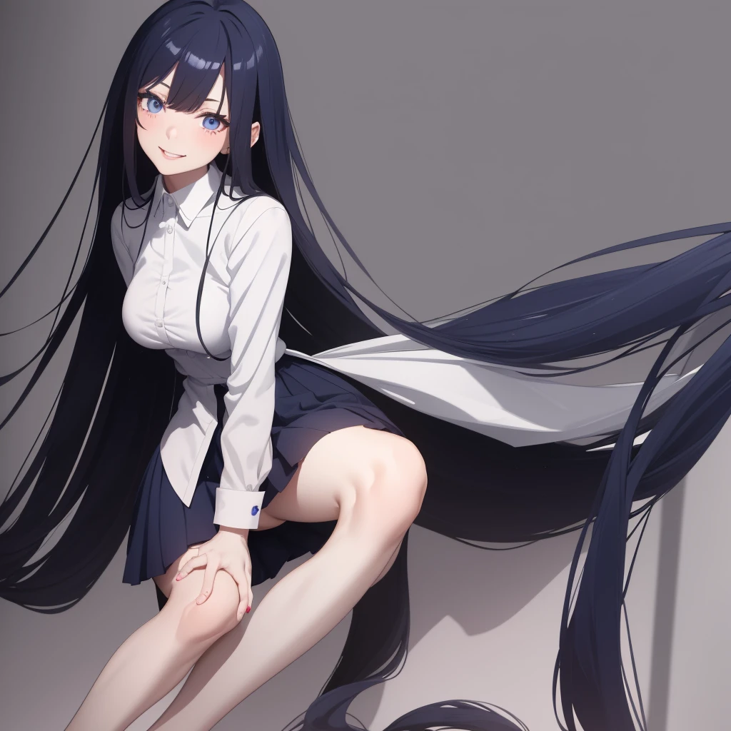 An anime girl with very long dark blue hair with straight bangs with some strands of hair on the side of her cheeks, slanted fuchsia eyes with a smile on her face mature body a mole under each eye with a gray skirt with long stockings up to her legs and a white shirt with blue lines