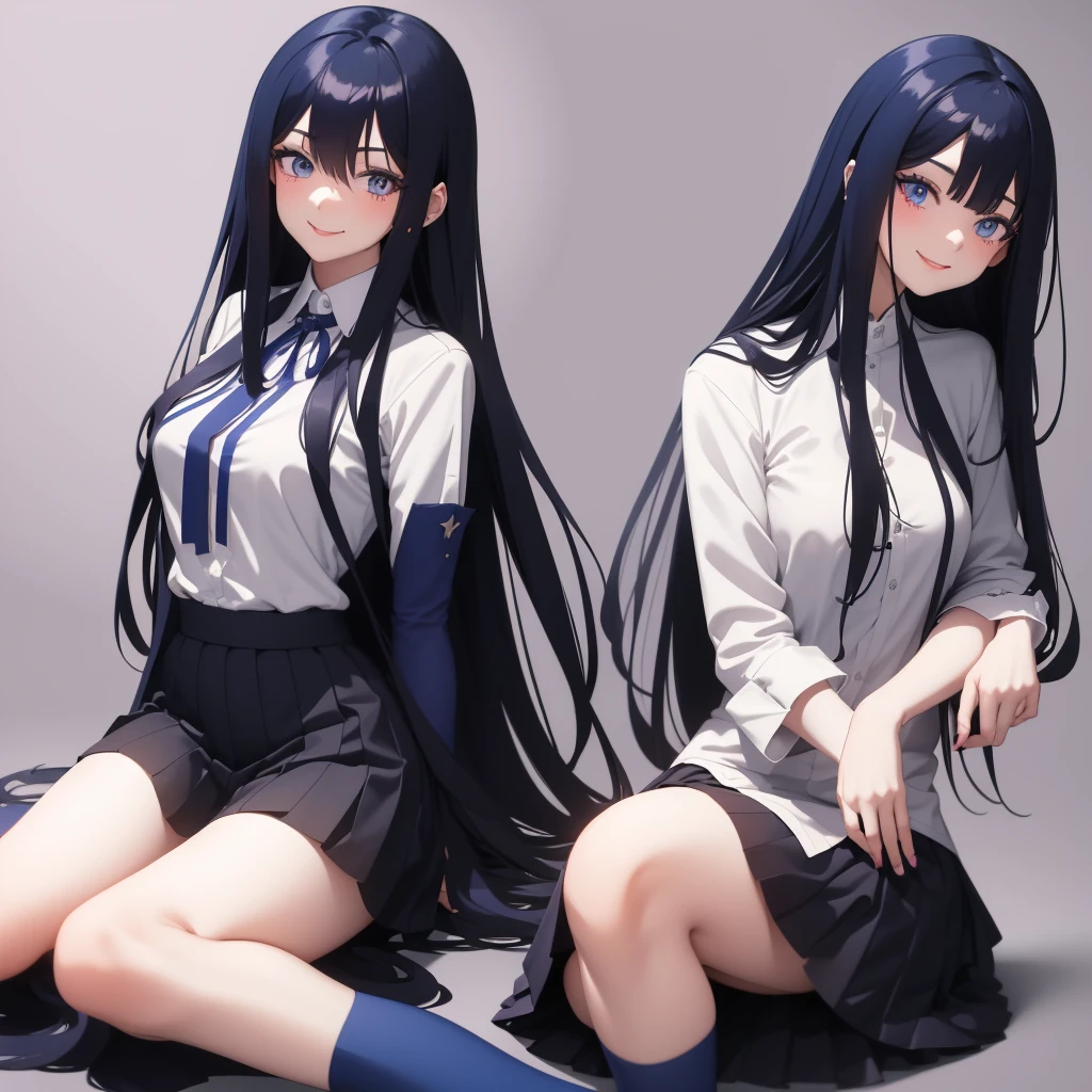 An anime girl with very long dark blue hair with straight bangs with some strands of hair on the side of her cheeks, slanted fuchsia eyes with a smile on her face mature body a mole under each eye with a gray skirt with long stockings up to her legs and a white shirt with blue lines