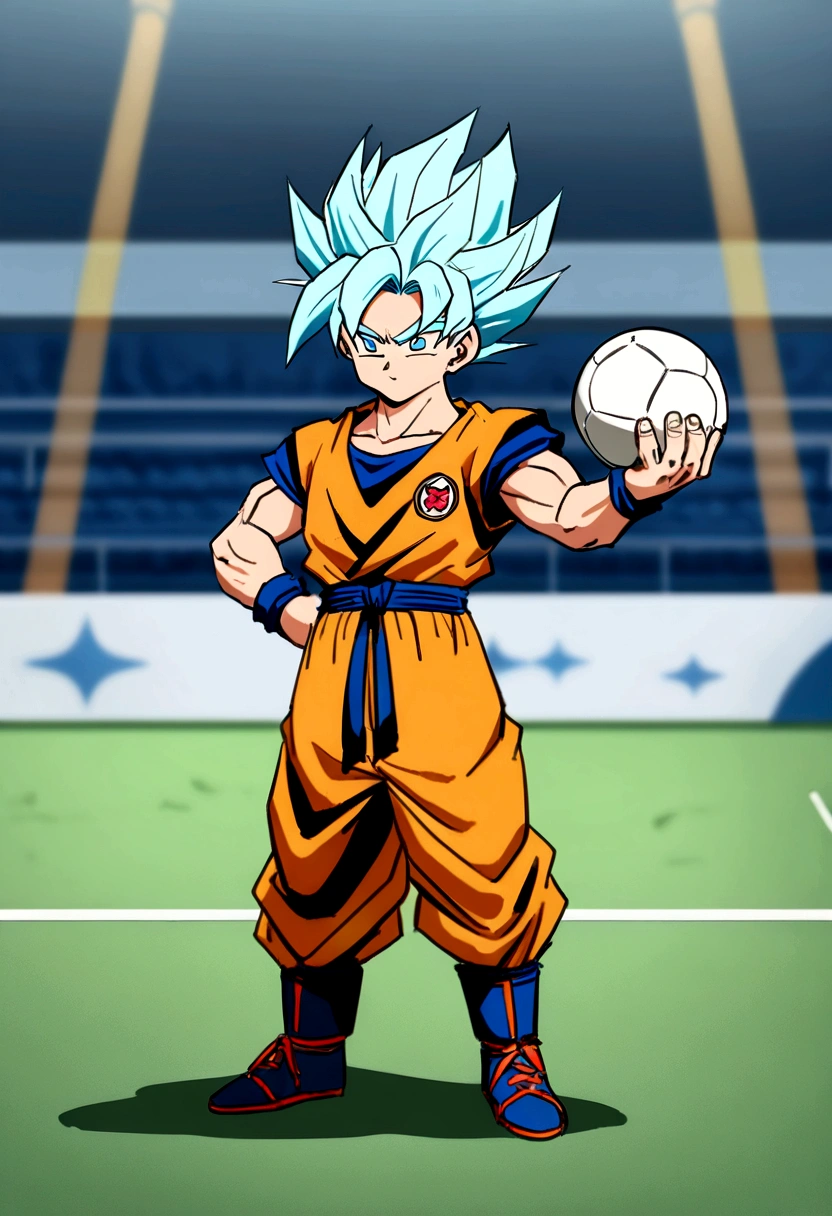 Goku as miniature Super Saiyan, goku blue outfit , anime styling , Football scenario , (( image without deformities)) , best resolution , best qualityer , steady look , masterpiece, holding a soccer ball in his hand.