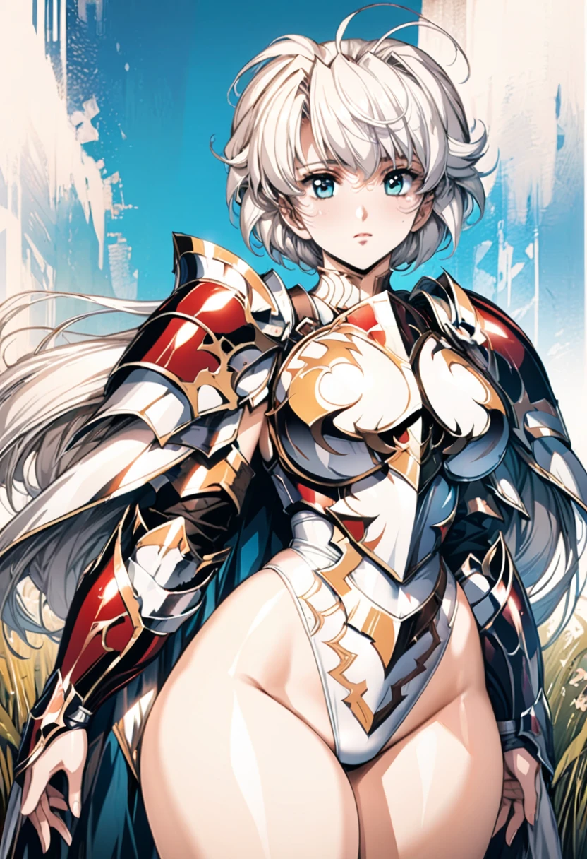 ((highest quality)), ((masterpiece)), ((hyperrealistic)), (detailed background), shoot from behind, anime style, solo, 1girl, langrisser sherry, ((curvy: 1.2)), kawaii, ((fantasy armor: 1.3)), silver short hair, ahoge, (white paladin armor), ((monochrome pattern leotard)), ((large breasts)), ((arm guard gauntlet)), (breastplate), (big butt), (thighs), (groin), beautiful aqua eyes, perfect face, Perfect hands, perfect fingers, Blue sky and grassland,