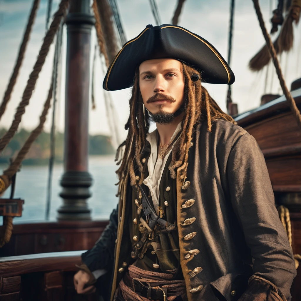  a man in a shorts with dreadlocks and a hat, characteristic portrait of Alexander Kukharsky, shutterstock, Renaissance, pirate portrait, pirate, a pirate, Reckless Man, pirate captain, portrait of a young pirate, stern ship captain, tom holland as a pirate, swashbuckler class pirate, in a cocked hat