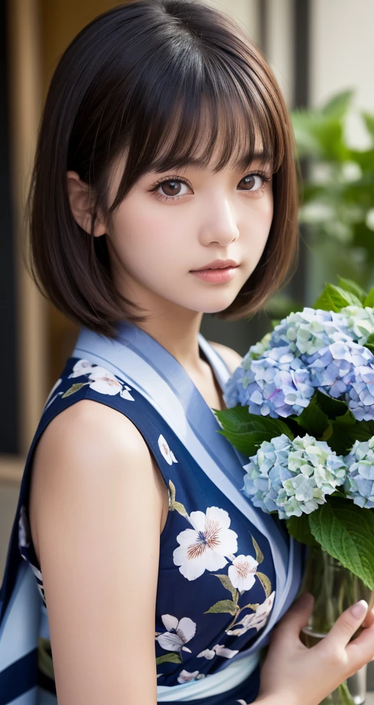 one girl, (a beauty girl, delicate girl:1.3), (16 years old:1.3),
break, (yukata, Japanese folk costume:1.2),
break, (glass vase, hydrangeas:1.2),
break, very fine eyes, (symmetrical eyes:1.3),
break, (big breasts:1.1), brown eyes, parted bangs, brown bobcut hair, round face, kawaii,
break, (eyes and faces with detailed:1.0),
break, (masterpiece, best quality, ultra detailed, detailed face, 8k)