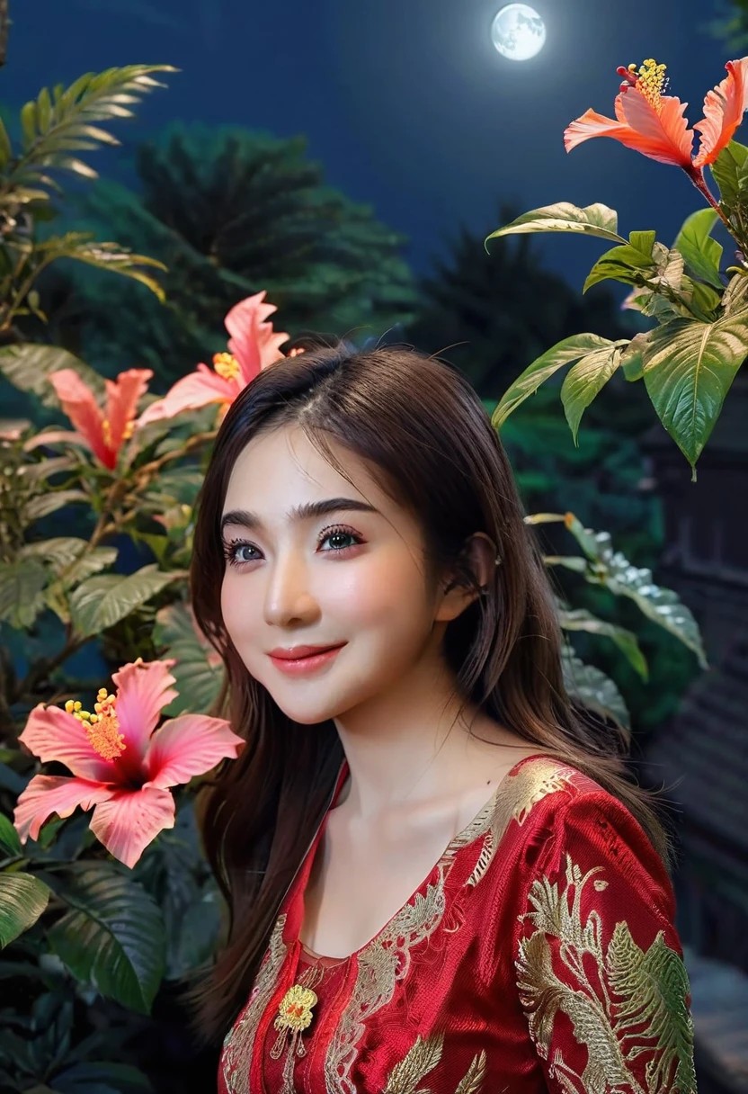 wearing red kebaya, (RAW photo, best quality), (realistic, photo-realistic:1.4), masterpiece, an extremely delicate and beautiful, extremely detailed, 2k wallpaper, Amazing, finely detail, extremely detailed CG unity 8k wallpaper, ultra-detailed, high resolution, soft light, beautiful detailed girl, extremely detailed eyes and face, beautiful detailed nose, beautiful detailed eyes, cinematic lighting, dramatic lighting, detailed background, background fantasy setting, night town, night time, on the roof, moonlight, dark theme, HIBISCUS deep forest background, perfect anatomy, soft light, smiling, 1girl 