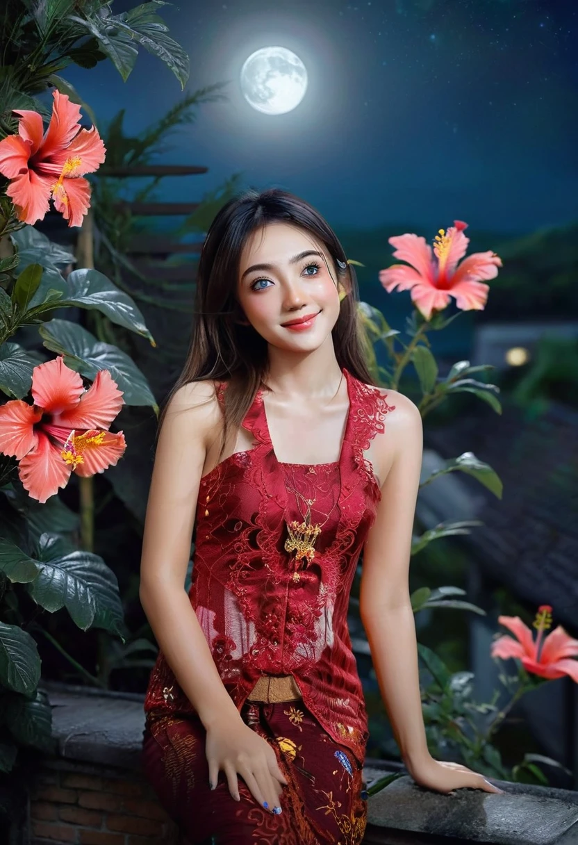 wearing red kebaya, (RAW photo, best quality), (realistic, photo-realistic:1.4), masterpiece, an extremely delicate and beautiful, extremely detailed, 2k wallpaper, Amazing, finely detail, extremely detailed CG unity 8k wallpaper, ultra-detailed, high resolution, soft light, beautiful detailed girl, extremely detailed eyes and face, beautiful detailed nose, beautiful detailed eyes, cinematic lighting, dramatic lighting, detailed background, background fantasy setting, night town, night time, on the roof, moonlight, dark theme, HIBISCUS deep forest background, perfect anatomy, soft light, smiling, 1girl 