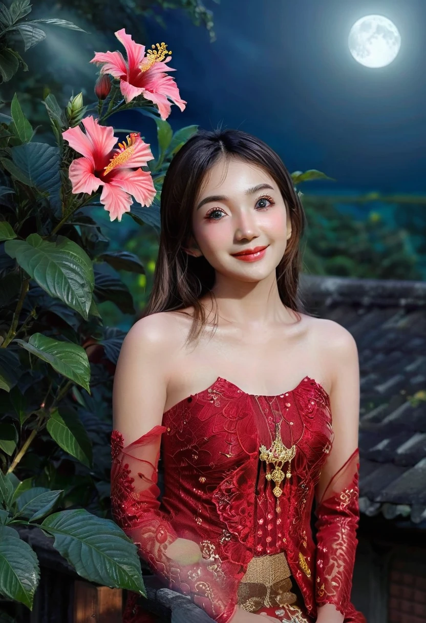 wearing red kebaya, (RAW photo, best quality), (realistic, photo-realistic:1.4), masterpiece, an extremely delicate and beautiful, extremely detailed, 2k wallpaper, Amazing, finely detail, extremely detailed CG unity 8k wallpaper, ultra-detailed, high resolution, soft light, beautiful detailed girl, extremely detailed eyes and face, beautiful detailed nose, beautiful detailed eyes, cinematic lighting, dramatic lighting, detailed background, background fantasy setting, night town, night time, on the roof, moonlight, dark theme, HIBISCUS deep forest background, perfect anatomy, soft light, smiling, 1girl 