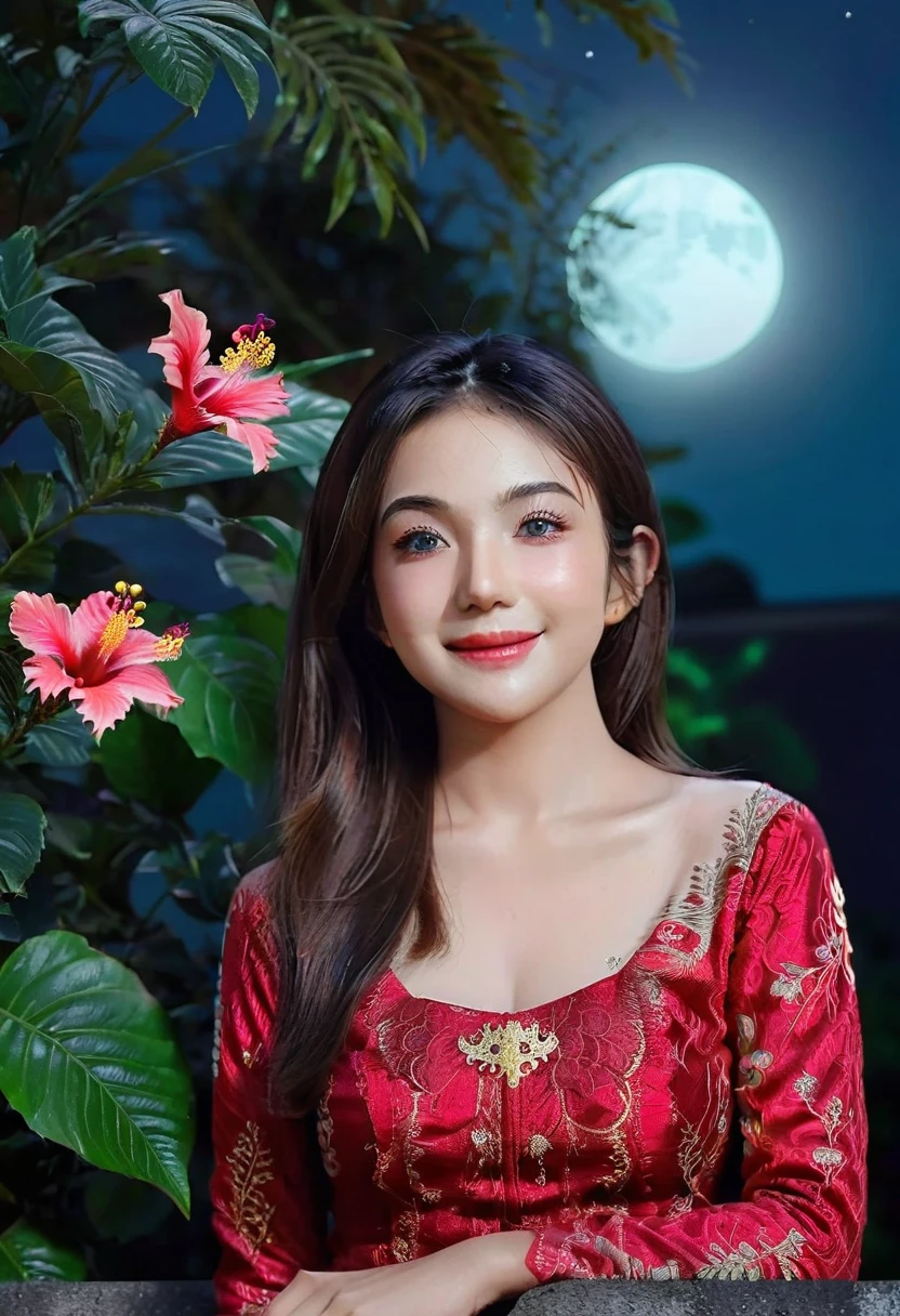 wearing red kebaya, (RAW photo, best quality), (realistic, photo-realistic:1.4), masterpiece, an extremely delicate and beautiful, extremely detailed, 2k wallpaper, Amazing, finely detail, extremely detailed CG unity 8k wallpaper, ultra-detailed, high resolution, soft light, beautiful detailed girl, extremely detailed eyes and face, beautiful detailed nose, beautiful detailed eyes, cinematic lighting, dramatic lighting, detailed background, background fantasy setting, night town, night time, on the roof, moonlight, dark theme, HIBISCUS deep forest background, perfect anatomy, soft light, smiling, 1girl 