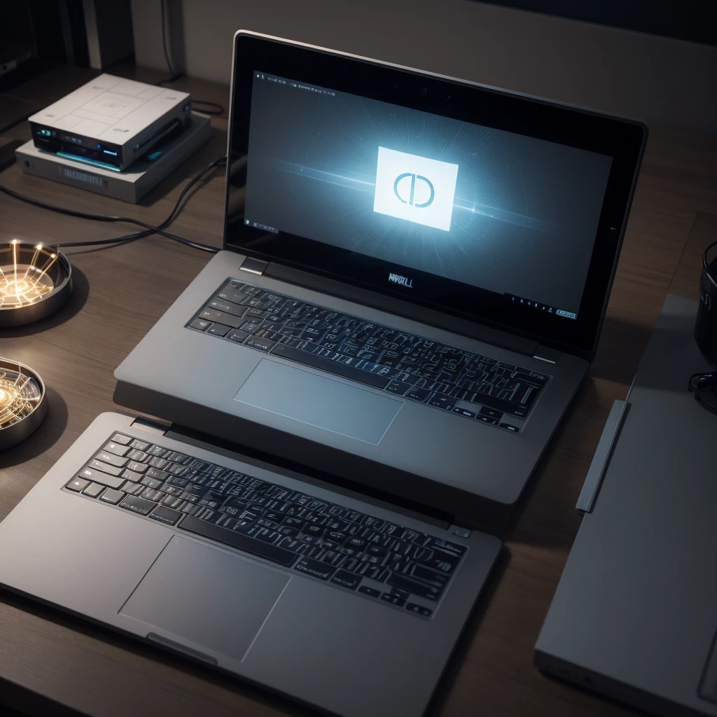 high quality detailed photorealistic 3D render of an open laptop for technical support, elegant sleek metallic surface, advanced technology, complex inner components, detailed circuitry and wiring, glowing LED lights,clean studio lighting, flawless textures, impeccable reflections, cinematic composition, pristine condition