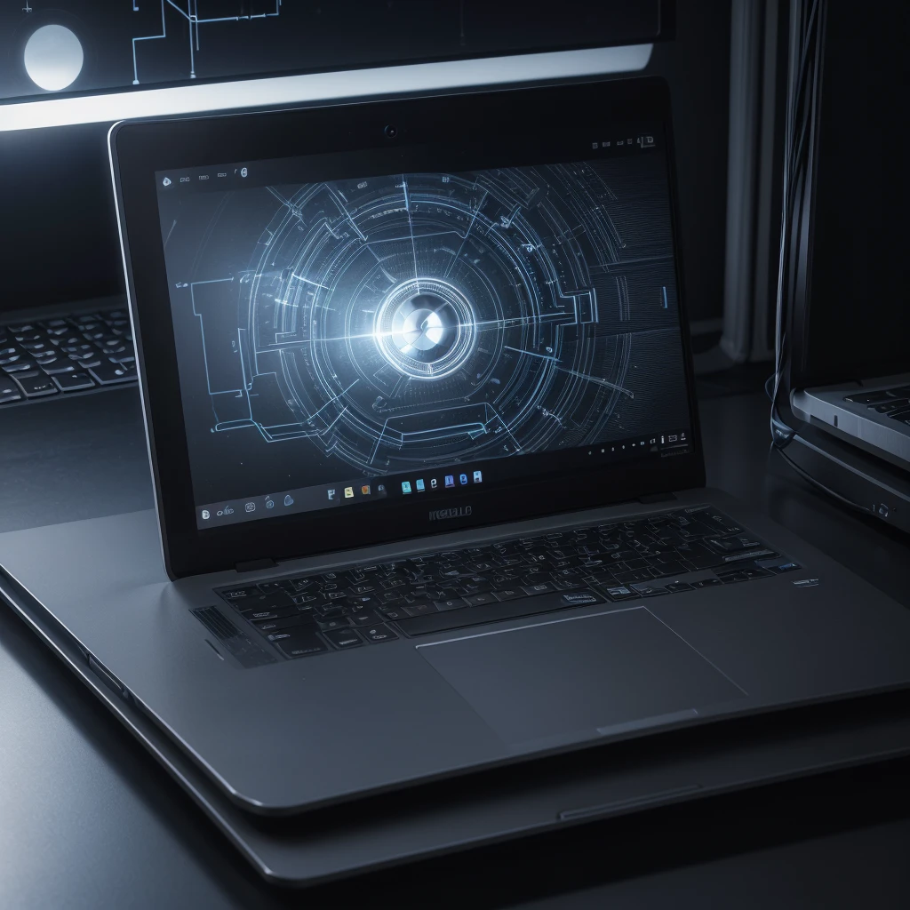 high quality detailed photorealistic 3D render of an open laptop for technical support, elegant sleek metallic surface, advanced technology, complex inner components, detailed circuitry and wiring, glowing LED lights,clean studio lighting, flawless textures, impeccable reflections, cinematic composition, pristine condition