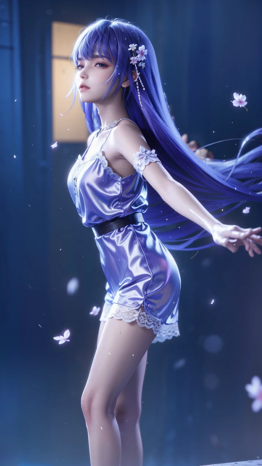 (Logo、masterpiece、8K、On the table、RAW photos、wonderful、最high quality、Photorealistic and hVery detailed CG integrated 8K wallpaper、high quality、Very detailed、Narrative Poems、Particle Effects、dynamic effect)、fantasy、 (1 beautiful woman、Pretty Face、serious、Beautiful and delicate eyes、Beautiful skin、Woman dancing gracefully:1.4)、头发在wind中飘舞、hair jump、camisole、Silver earrings、night、wind、snow and 霜、Very cold winter day、Bathtub side、wonderful scenery、美丽的自然wind光、night sky、wind、Cherry blossoms、Cherry blossomsの花びらが舞っている、Fubuki Sakura、Falling Flowers,Suspender Pajamas,Lace-edged pajamas,Full body capture