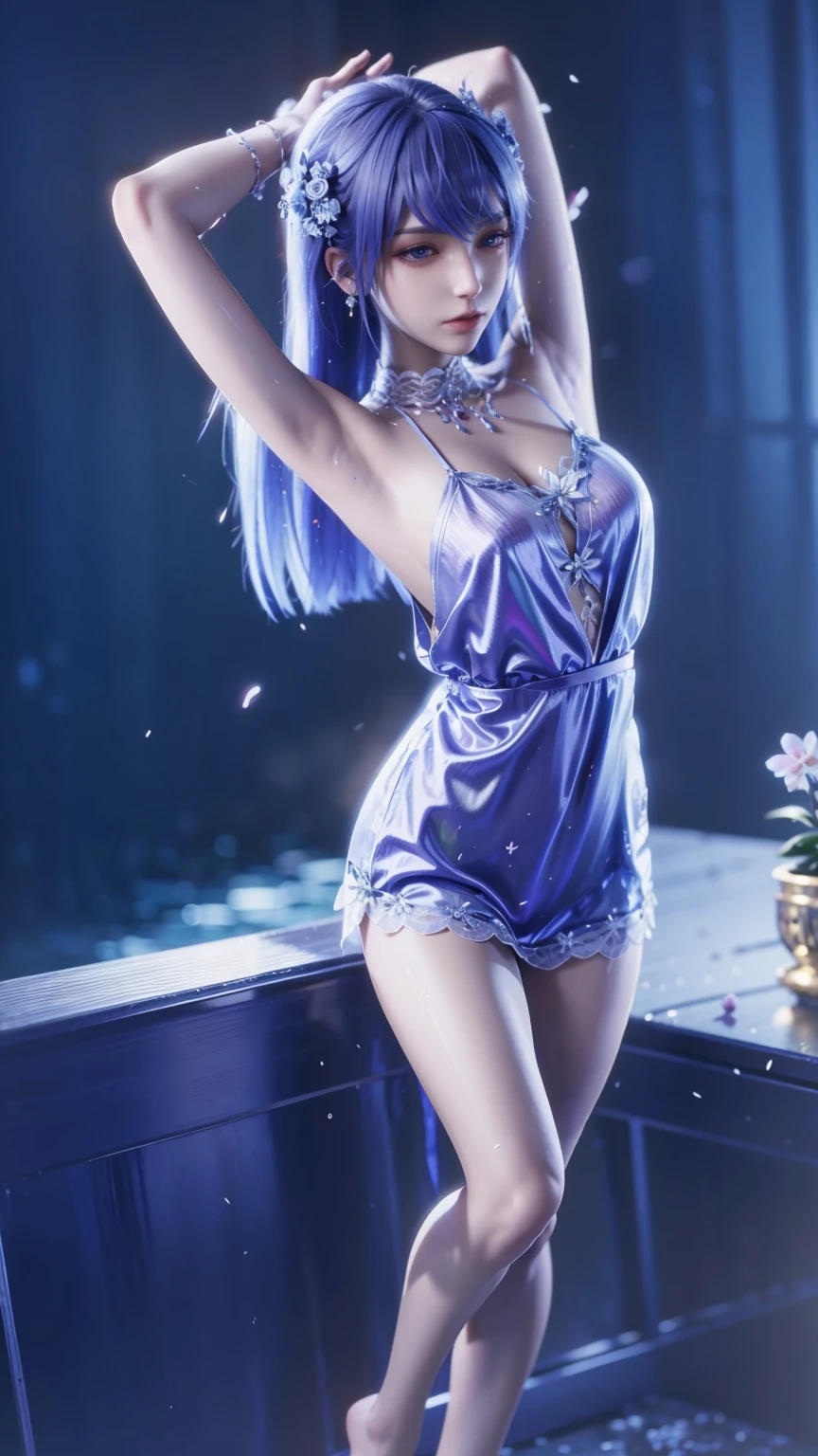 1 girl, curly hair, straight blue dress, prone position on cushions, look with small seductive angle, elbows on the sofa, fixed and seductive gaze, panties showing, back with tattoo, (show tattoo), delicate back with tattoo, fix (delicate back with tattoo, lilac bow, smooth skin, slightly wet skin, jambo skin, fixed eyes, baby doll, baby doll style