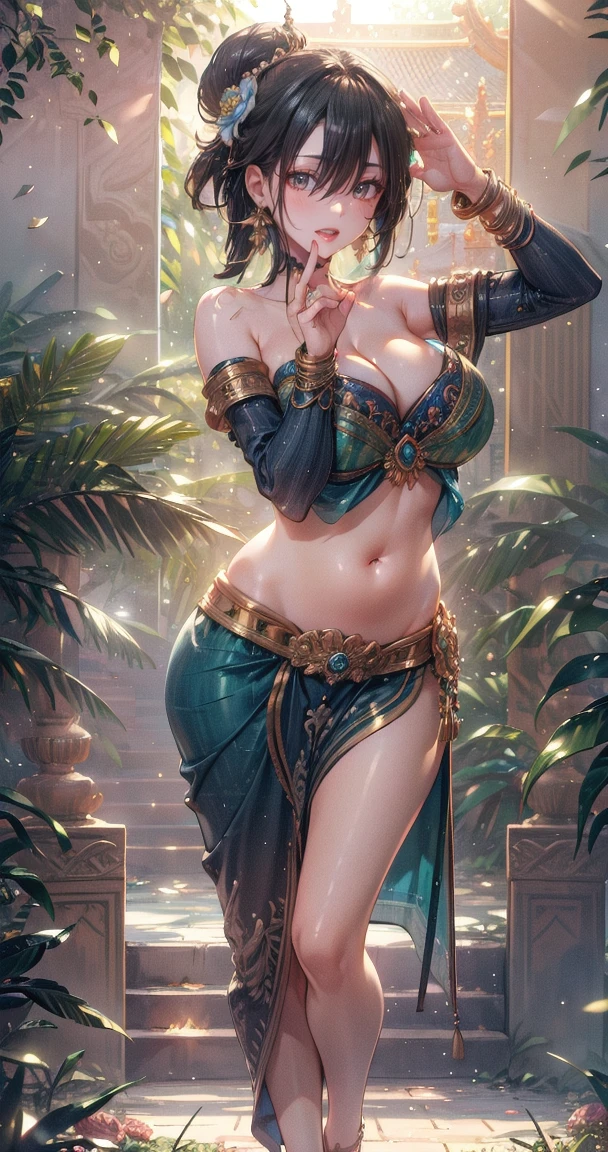 (Masterpiece:1.5), (((High qualityสุด, best quality, High quality))), ((complicated details, very detailed, Crazy details)), height, 32ก, Extremely detailed CG 8K unity wallpaper., (beautiful and beautiful:1.2),, (depth of field:1.3), (Flawless.:1.3), (Delicate depiction of details:1.4),
(((Abundant natural light, Delightful bright colors))), (Ambient volumetric backlight:1.5),  (Illustration of an extremely beautiful young woman:1.3), (perfect center:1.4), (Natural willow pose:1.5), (((movie corner))),
(1milf:1.5), (alone:1.4),
beautiful beautiful face, [(detailed face:1.2):0.2], Bright eyes, Pure Rose Face_v1, ulzzang-6500-v1.1,  (gag:1.5), (red lips:1.4), (full lips:1.4), (smile:1.3),
Flawless attractive body, (((The feminine curves are pronounced.))), Skin glows brightly., realistic skin, hair follicles, (((Tightening belly, navel, Groin:1.3))),
(((Golden thread flutters.))), (Fringed tassels:1.3), (Tight long sleeves:1.4), (Single neck), (The invention shines.:1.5),(Strapless Thai dress with no straps:1.3),(Show your breasts,The crevice is clear.), (Elegant and intricate clothing accessories:1.5), (Embroidery work decorated with gems:1.4), (sparkling clothes:1.4), (sparkling particles:1.3), (((The front seam is sagging., Sagging back seam))), (((earring, armband, Hair clips, hair accessories))), (Stand alone in a magical outdoor garden decorated with gems and colorful exotic flowers and shrubs.:1.5), (Outside the great ancient palace:1.5),(((full body))),(((ขับnavel,List of dances,Thai Dance))),(((2 young women,beautiful woman)))