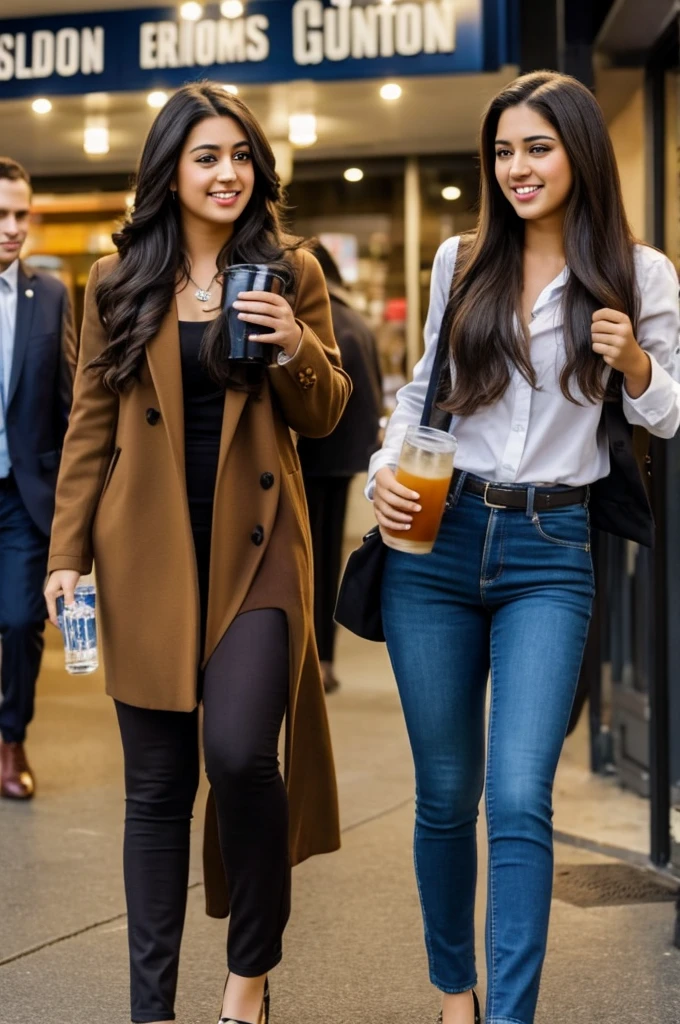 1 girl, age 25, long hair, hispanic, brown eyes, full body, conservative clothing, realistic, with multicultural friends carrying drinks