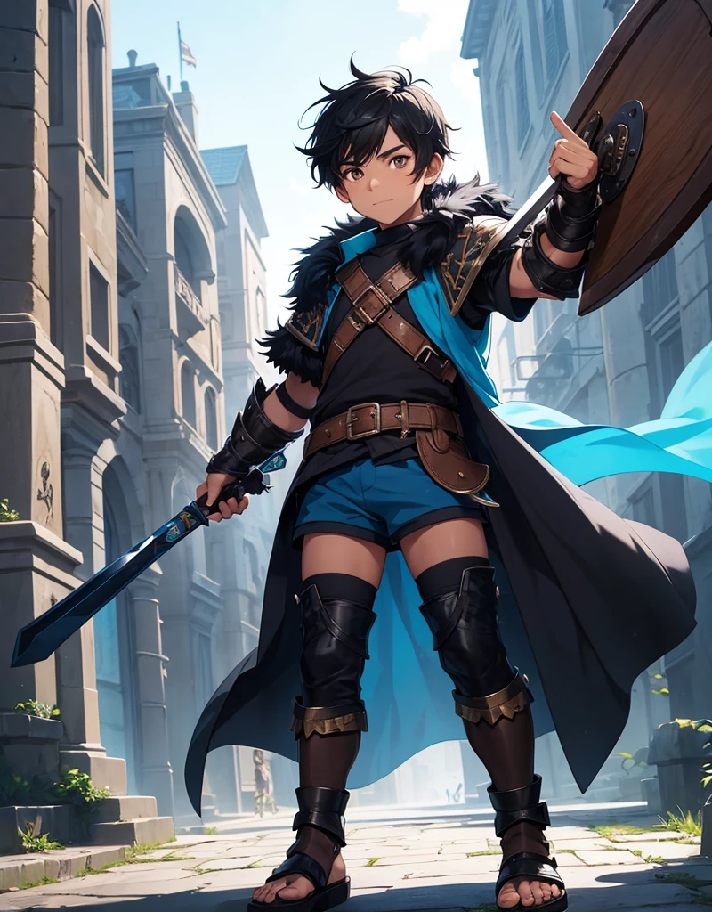 Young boy with black hair, brown eyes and fair skin, innocent and happy, wearing neon blue barbarian fur tunic, black shorts, gauntlets and sandals, weilding sword and shield, blue armor, fullbody, medieval background, boyish athletic