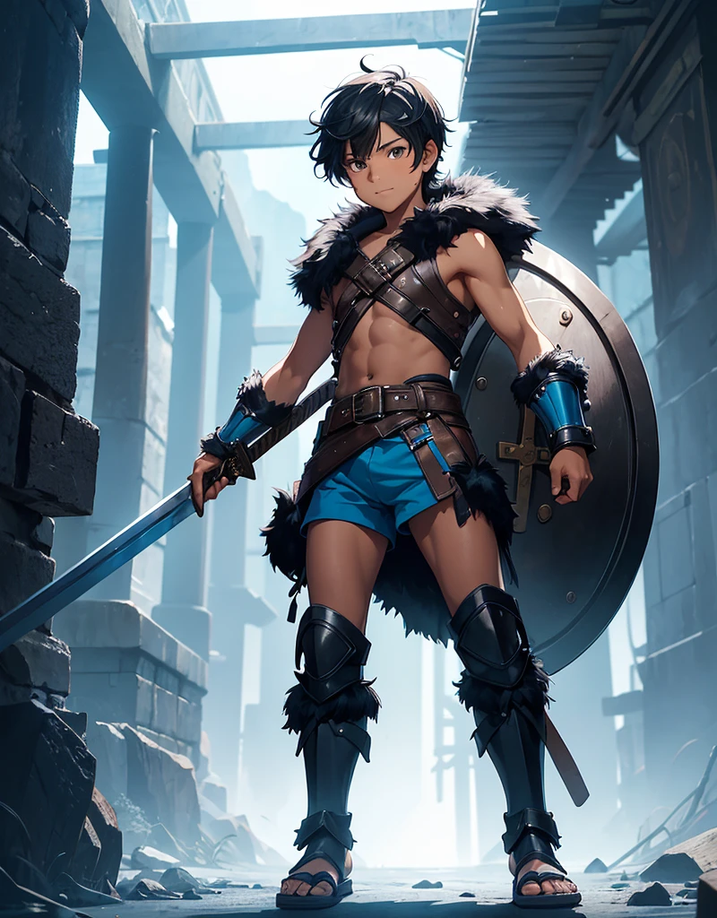 Young boy with black hair, brown eyes and fair skin, innocent and happy, wearing neon blue barbarian fur tunic, black shorts, gauntlets and sandals, weilding sword and shield, blue armor, fullbody, medieval background, boyish athletic
