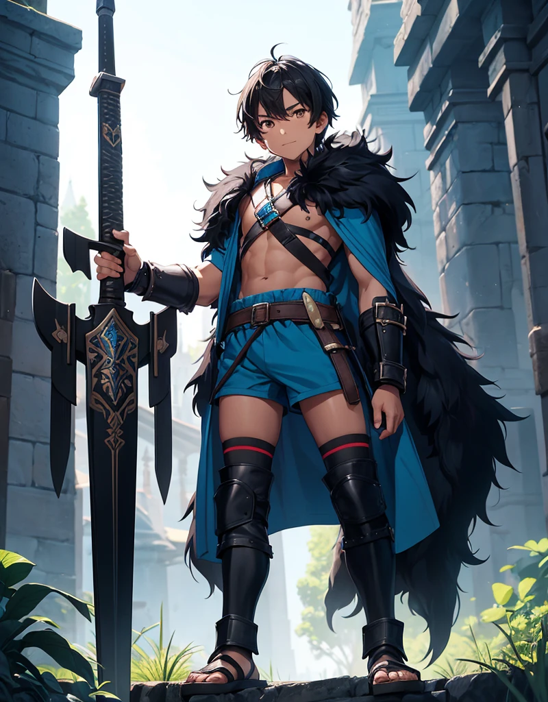 Young boy with black hair, brown eyes and fair skin, innocent and happy, wearing neon blue barbarian fur tunic, black shorts, gauntlets and sandals, weilding sword and shield, blue armor, fullbody, medieval background, boyish athletic