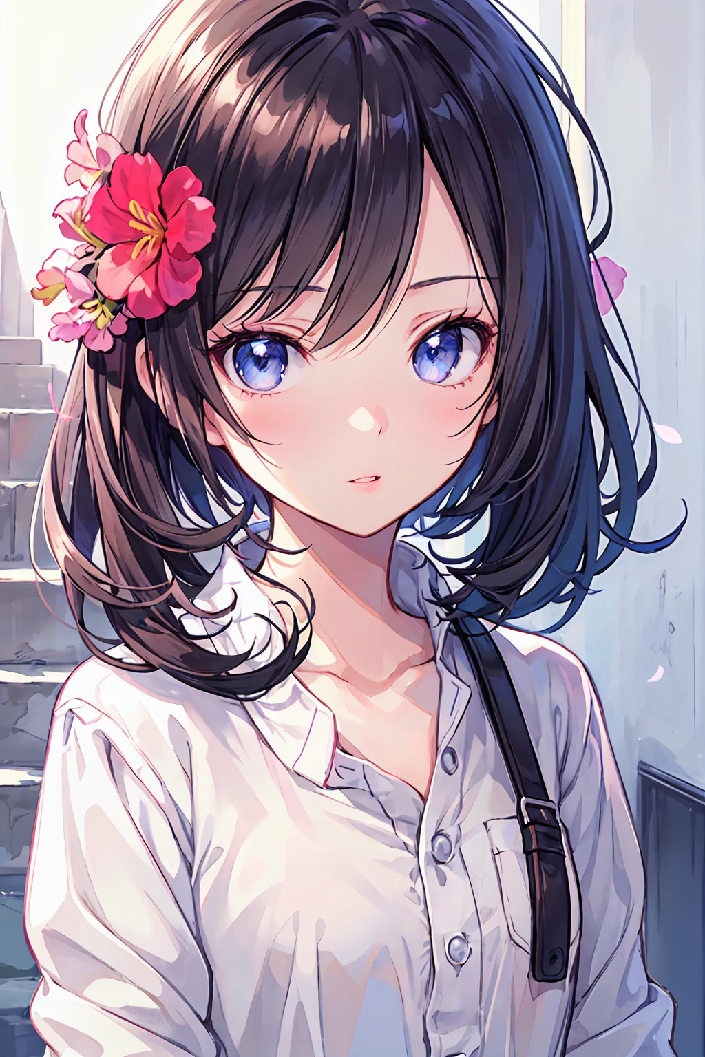 anime girl, Realistic Shadows, Detailed skin, Very small breasts, Black Hair, Very detailed, 8kのVery detailedな顔, perfect face shape, Perfect Lips, Perfect Nose, Correct beautiful eyes, Audience, White shirt, Hair Flowers, masterpiece, Highest quality, Single women, Very good, No panties, alone